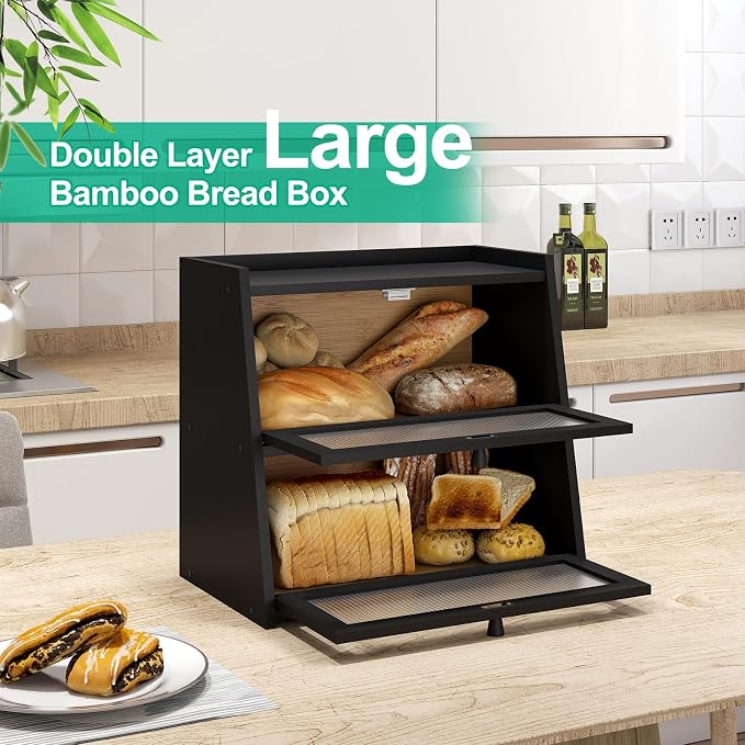 kiplant Large Black Bread Box, Double-Layer Bread Box for Kitchen Counter, Bamboo Bread Storage Container with Wavy Acrylic Transparent Door