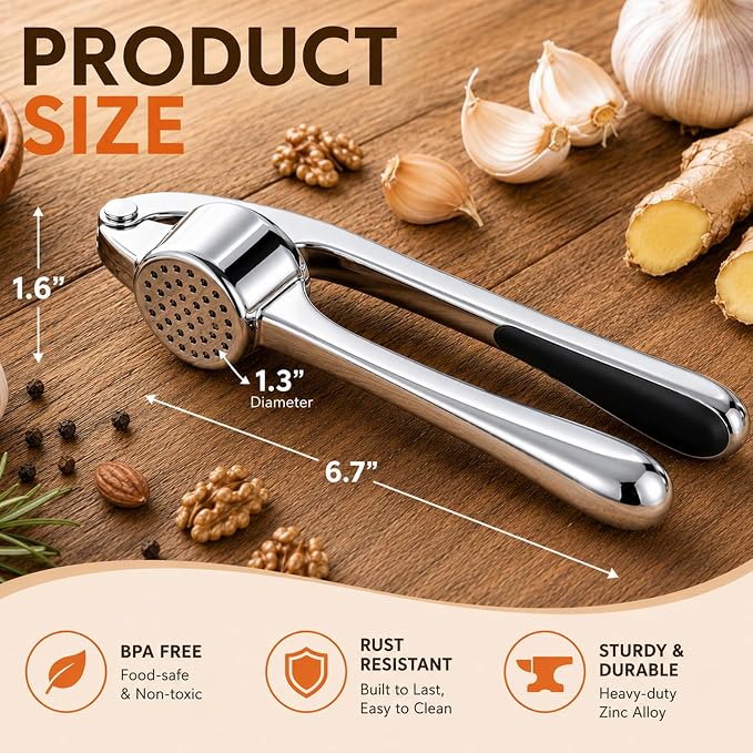 CUNSENR Garlic Press Set, Premium Rust Proof Garlic Mincer Tool with Ergonomic Handle, Easy Squeeze & Easy Clean Garlic Crusher, Dishwasher Safe with Silicone Peeler and Brush - Silver
