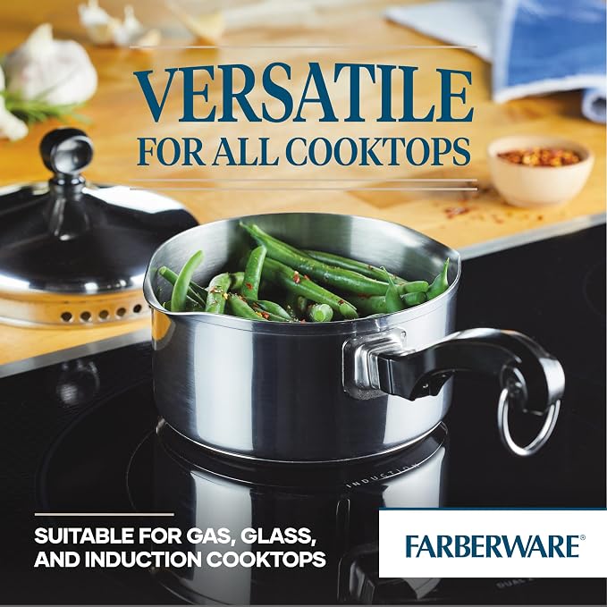 Farberware Classic Series Stainless Steel Straining Sauce Pan with Lid, 1-Quart Small Pot, Silver
