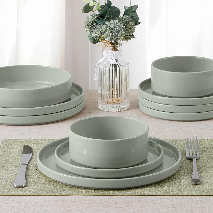 E-far Dinnerware Sets for 8, 24-Piece Stoneware Plates and Bowls Set, Green | Modern Kitchen Dining Dishware, Chip and Scratch Resistant, Microwave & Dishwasher Safe, Speckled Green