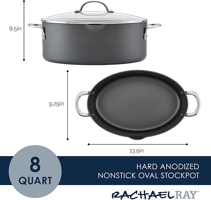 Rachael Ray Cookware, Professional Hard Anodized Nonstick Cookware Oval Pasta Stockpot and Braiser, 8-Quart, Gray
