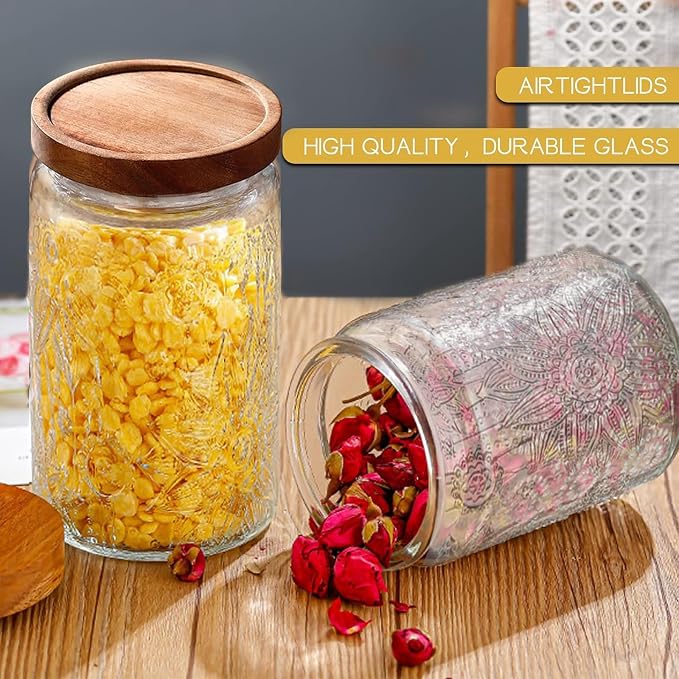 Vintage Glass Jar with Lid Airtight Candy Coffee Canister Food Storage Set | 34oz Decorative Container Set with Silicone-Sealed Bamboo Lid, Thick Glass BPA-Free, for Kitchen Stores Sugar Flour-2 Pack