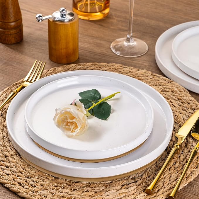AmorArc Stoneware Dinnerware Sets for 8,24Pcs Plates and Bowls Set | Handmade Ceramic Dish Set,Dishwasher & Microwave Safe,Scratch Resistant-White