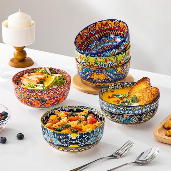 vancasso Cereal Bowls Set of 6, 28oz Porcelain Soup Bowls, Colorful | Bowls for Eating, Bohemian Ceramic Bowls for Salad, Fruit, Pasta, Microwave & Dishwasher Safe Bowls Set, Stackable Design