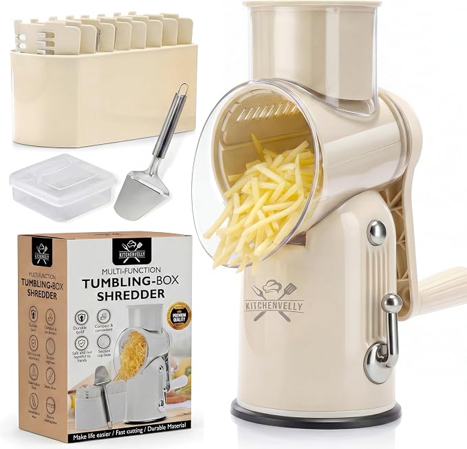 Rotary Cheese Grater Hand Crank, 5 in 1 Vegetable Slicer, Manual Cheese Shredder with Stainless Steel Blades, Food Grater for Cheese Vegetables Nuts, Suction Base, Easy Clean, Beige