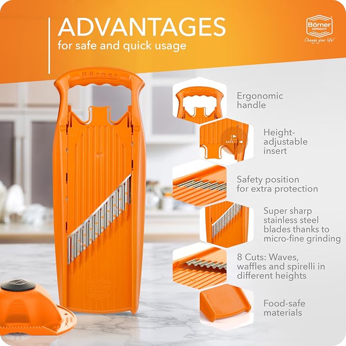 Börner by Reston Lloyd Wave-Waffle Power Line • Crinkle Cut/Spirelli Vegetable Slicer & Food Safety Holder • Slicer for Wave Waffle Cut Style • Multiple Thickness Options • Made in Germany, Orange