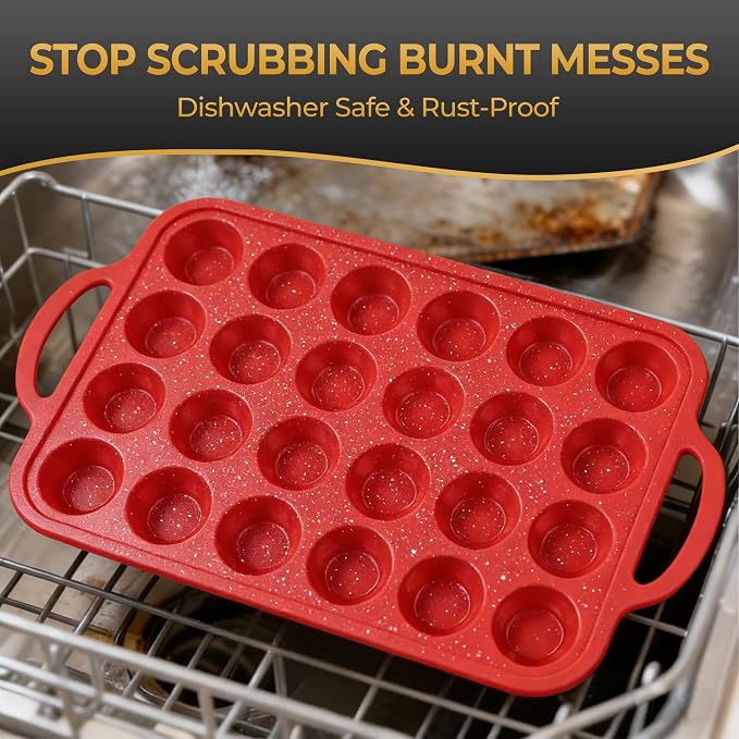12-Cup Mini Silicone Muffin Pan with Reinforced Steel Frame,Red-Whitedot | Regular Size Cupcake Pan, BPA Free Silicone Muffin Tray, Reinforced Steel Frame for Stability, Easy Baking & Cleanup, 2Pk