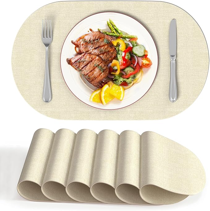 DOLOPL Oval Placemats Set of 6, Beige Faux Leather Table Place Mats | Reversible, Wipeable & Washable, Heat Resistant, Waterproof, 17"x11.8", Modern Neutral Style for Kitchen, Dining Table