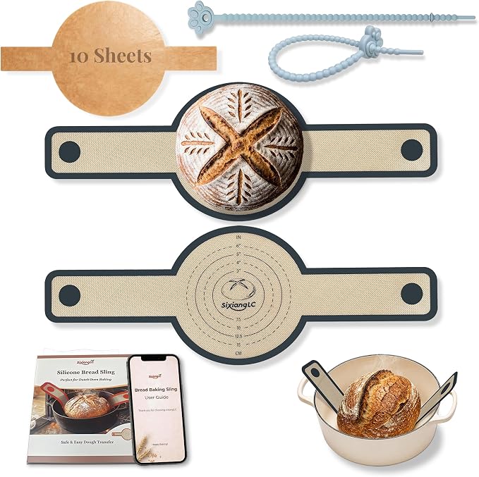 Silicone Bread Sling for Dutch Oven, 2-Pack 7.2" Long Handle Sourdough Baking Mat, 500°F Heat Resistant Dough Transfer Slings with 10 Parchment Sheets & 2 Cable Ties