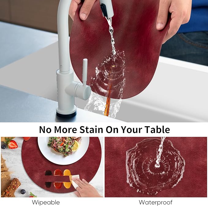 ADRIMER Placemats, Heat Resistant Round Placemats Set of 8 Washable, Waterproof Table Mats, Wipeable Faux Leather Place Mats for Kitchen, Dining Room, Wine Red