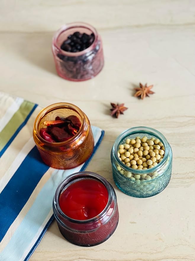 4 oz Decorative Small Glass Jars with Airtight Bamboo Lids, Orange 12 Pack | Vintage embossed color coated containers, kitchen pantry bathroom organization & decor, spices, DIY gifts, candle making