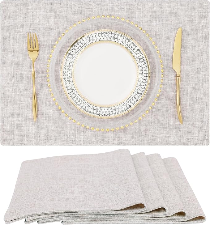 Faux Cotton Linen Placemats Set of 4, Cloth Washable Farmhouse Dining Table Mats for Indoors & Outdoors, Easy to Clean, Neutral Beige, 13 x 19 Inch