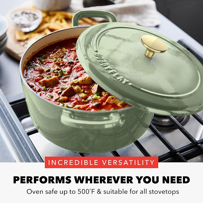 GreenPan x Bobby Flay 5.5QT Enameled Cast Iron Dutch Oven With Lid, Green | Casserole Pot for Braising, Stews, Bread Baking & Searing, Self-Basting Lid, Induction Ready, Oven Safe To 500, Gold Lid Knob