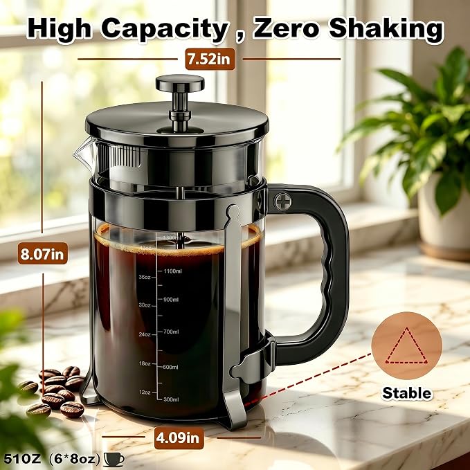 QUQIYSO French Press 51oz,Large French Press Thickened Glass Coffee Press | French Press Stainless Steel,Large Capacity Coffee Maker,Easy to Clean,4 Filter,Suitable for Party Home Office(Dark Pewter)