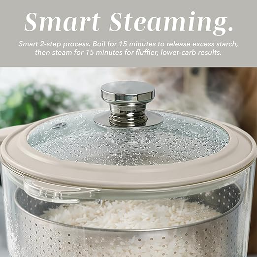 COOK WITH COLOR Glass Mini Low Carb Rice Cooker – Holds 2 Cups Raw/Makes 6 Cups Cooked with Auto Lift Filter Basket, Hotpot & Steamer for Rice, Grains, Digital Panel with Keep Warm, Cream