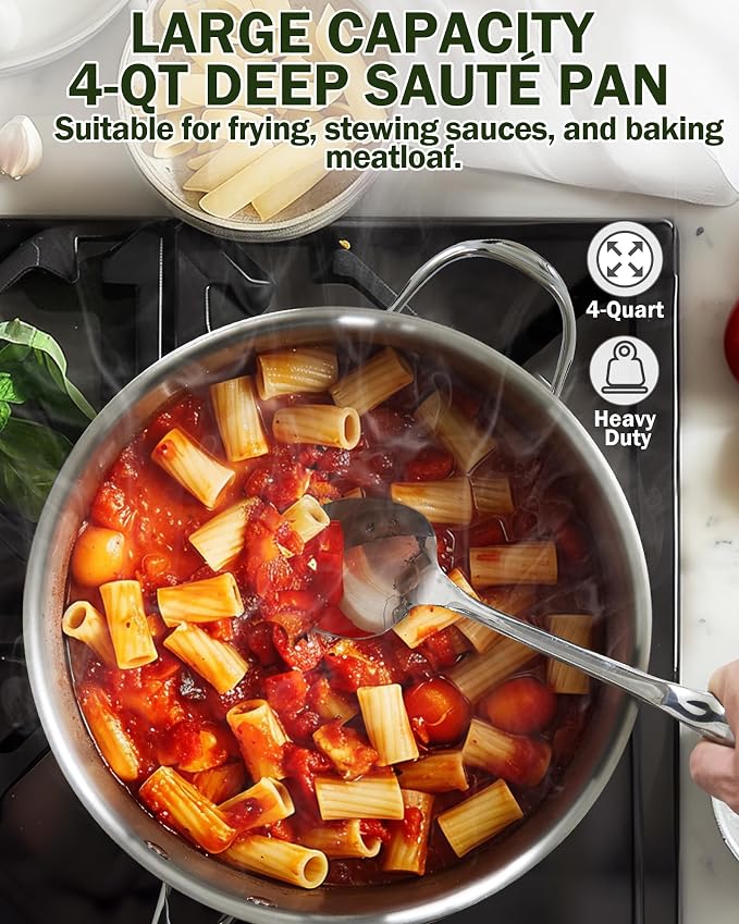 Cooks Standard Multi-Ply Clad 4 Quart Stainless Steel Sauté Pan, 10.5 Inch Deep Frying Pan Skillet with Lid, Induction-Ready Cooking Pan with Stay-Cool Handle, Dishwasher & Oven Safe