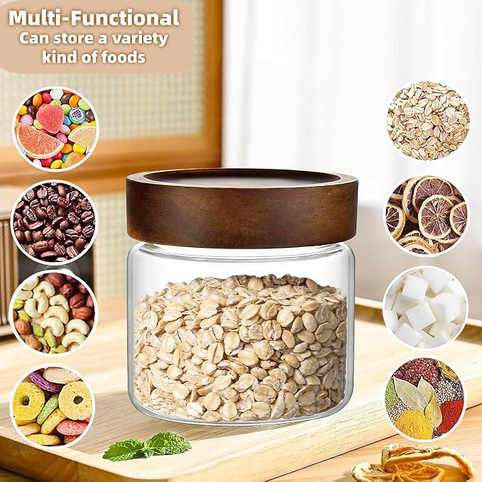 17 Fl oz/500 ml Glass Food Storage Jar with Airtight Screw on Wooden Lid | Premium Clear Glass Container Jars, Kitchen Canisters for Coffee,Tea,Snacks,Cookies,Nuts,Spice,Candy,Sugar,Overnight Oats