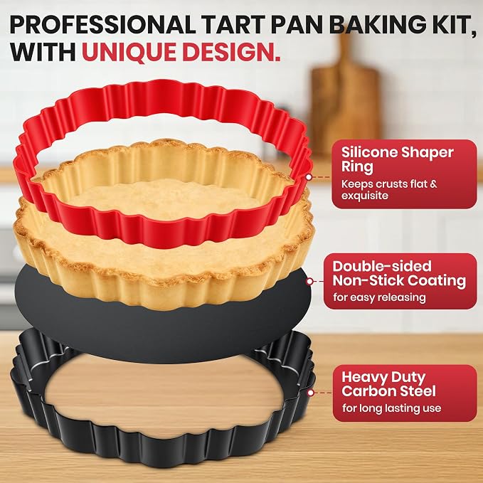 New 9 Inch Tart Pan with Removable Bottom,Non-Stick Carbon Steel Quiche Pan | Includes Crust Shaper Ring | Fluted Pie Pan Quiche Baking Dish Fruit Tart Mold for Baking, Party, Festival | Pies & Quiches