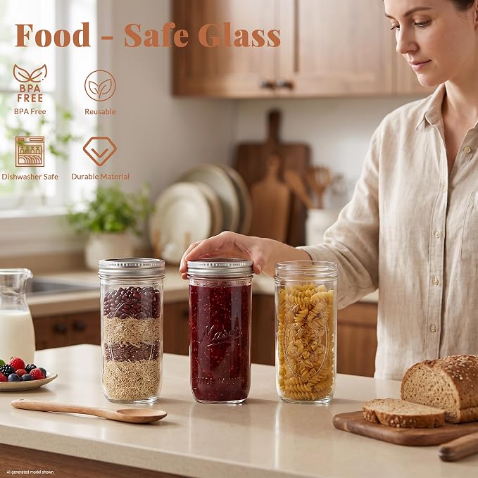 CycleMore 24oz Embossed Glass Mason Jars – Set of 4 | Vintage Style Canning Jars With One-Piece & Stainless Steel Split Lids, BPA-Free & Durable. Dishwasher Safe. Non-Slip Grip.