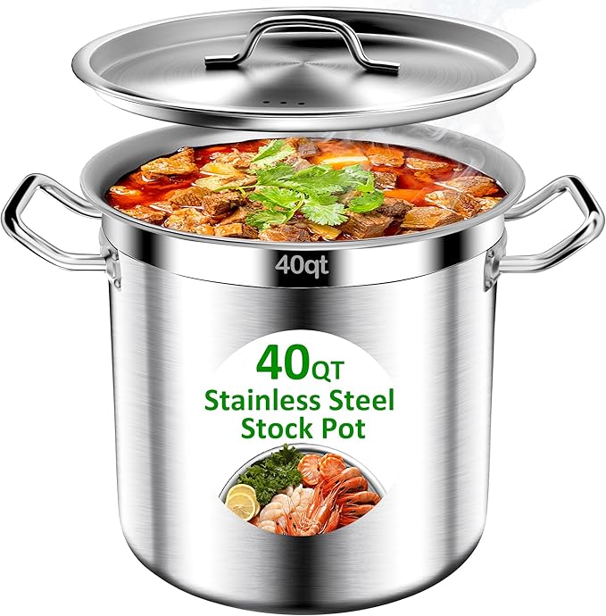 Stainless Steel Stockpot – 40QT Stock Pot with Lid, Heavy-Duty Tri-Ply Bottom Cooking Pot for Canning, Boiling Beer Brewing, Soup, Seafood Boil – Satin Finish Stainless Steel Soup Pot