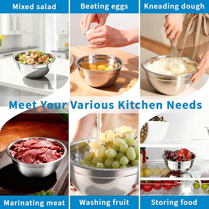 7 Pack Stainless Steel Mixing Bowls with Airtight Lids Set | 4.5qt, 4, 3.5, 2.1, 1.5, 1.1, 0.7QT, Nesting Design Metal Mixing Bowls Salad Bowl for Mixing, Prepping and Serving Food