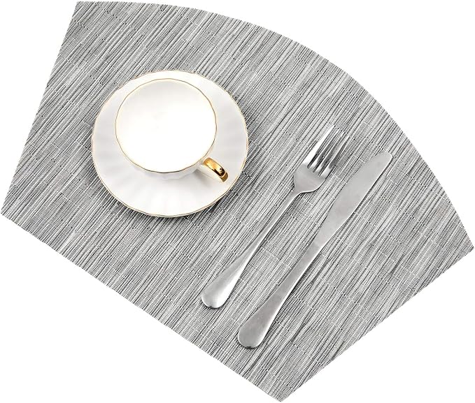 SHACOS Round Table Placemats Set of 5 Woven Vinyl Wedge Placemats with Centerpiece Round Table Mats Heat Resistant Wipe Clean (5, Silver Grey)