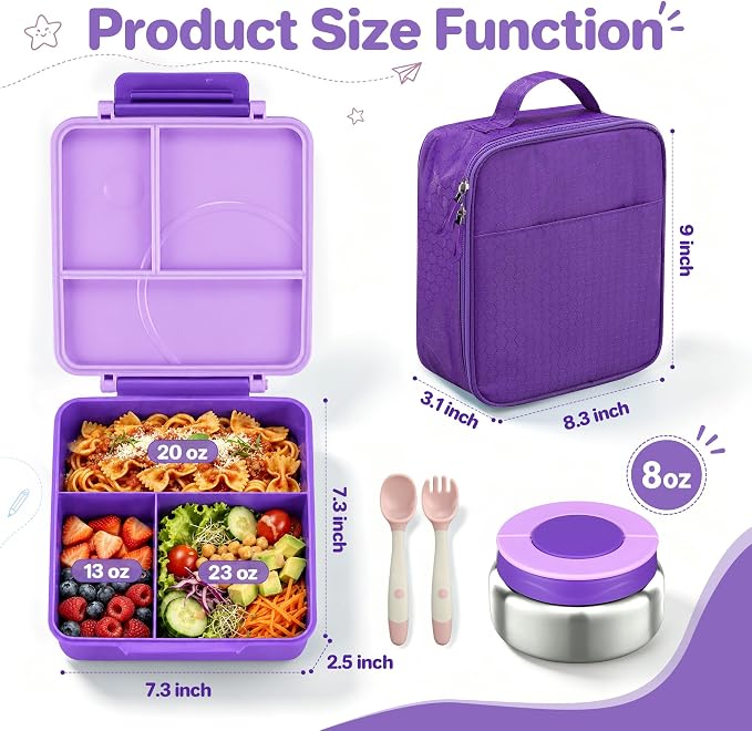Bento Lunch Box Set for Kids with 8oz Soup Thermo, Leak-Proof Lunch Containers with 4 Compartment, Kids Thermo Hot Food Jar and Insulated Lunch Bag for Kid to School-Purple