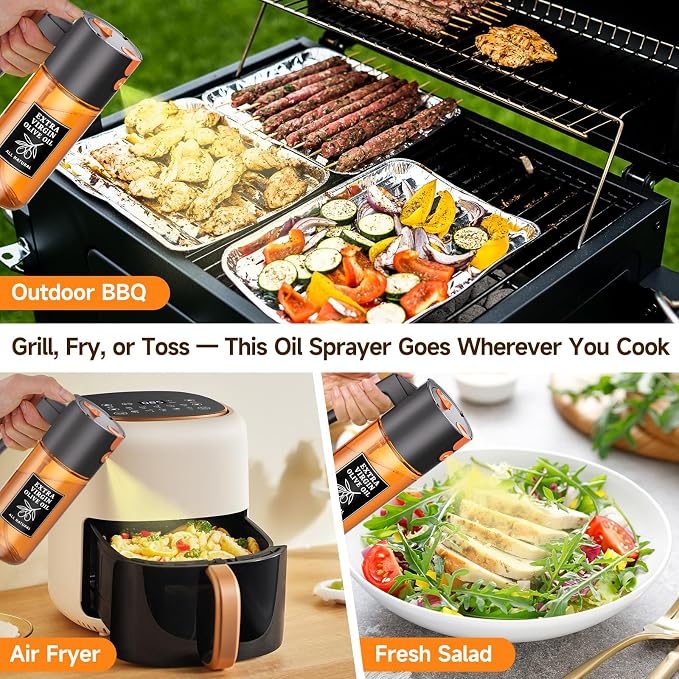 2-in-1 Dark Glass Oil Sprayer & Dispenser, Black Fine Mist No-Drip | 500ml dark glass for air fryer, BBQ, grilling & daily cooking; food-safe, 304 filter, wide-mouth refill and cleaning.