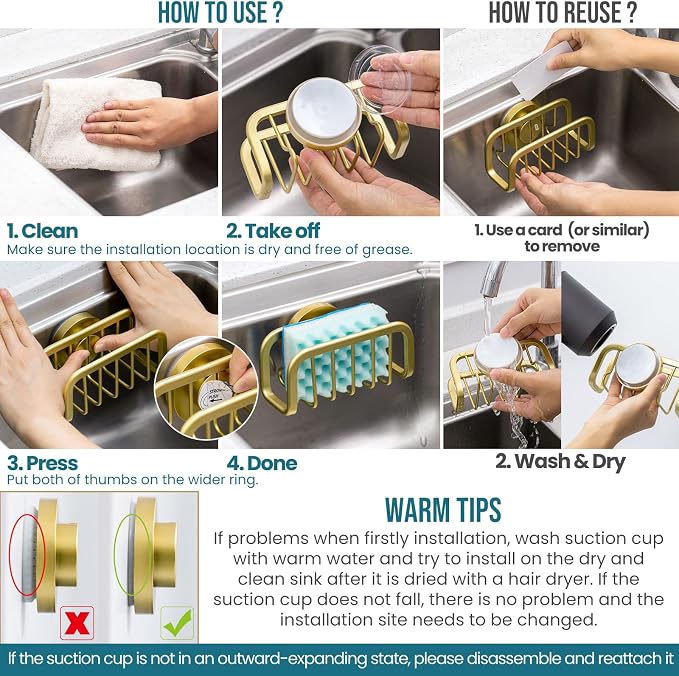 TAILI Gold Sponge Holder for Kitchen Sink with Strong Suction Cup | Removable Sink Caddy for Kitchen Sink Oganizer, Rustproof Aluminum Sink Sponge Holder for Scraper Brushes, Stoppers