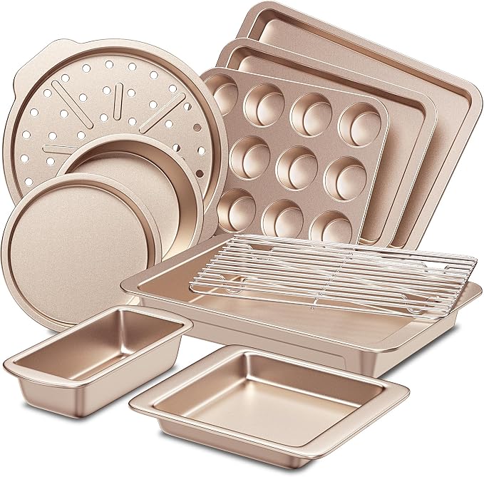 Bakeware Sets, Baking Pans Set, Nonstick Oven Pan for Kitchen with Wider Grips, 10-Piece Including Rack, Cookie Sheet, Cake Pans, Loaf Pan, Muffin Pan, Pizza Pan - Champagne Gold