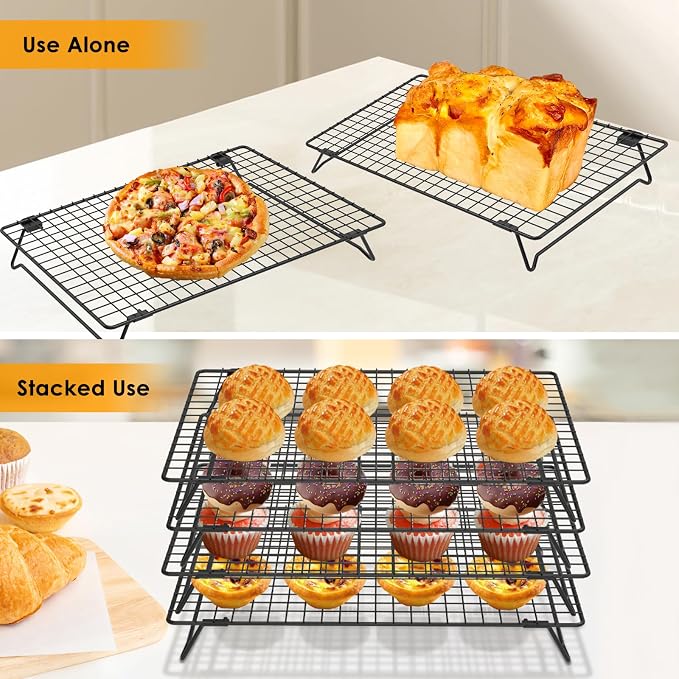 4 Pack Cookie Cooling Racks for Baking Stackable 4-Tier 13.4 x 9.4 Inch Wire Rack, Heavy Duty Baking Rack for Cookies, Cakes, Roasting, Drying, Black, Gifts for Baking Must Haves