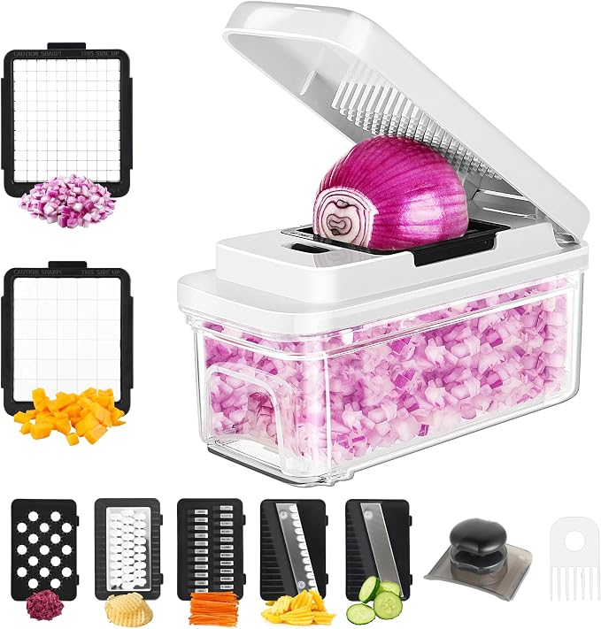 Vegetable Chopper, Professional Food Chopper &Onion Chopper, Veggie Cutter for Salad with 7 Blades and 900mL Container, Kitchen Gadgets & Gift, Home Essentials