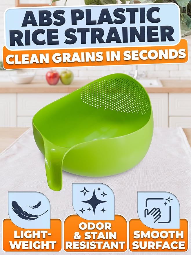 1.7L Rice Strainer with Handle, 9.4 In, Lightweight, ABS (Green) | Rice Washer Strainer Bowl; Drains Water Fast; Rinses Rice, Cereals, Pasta, and Veggies; Easy-Grip Handle; Dishwasher Safe