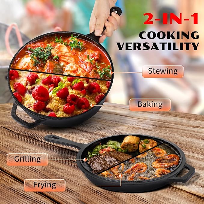 Overmont 2-in-1 Cast Iron Dutch Oven - 3.2QT Deep Pot with Lid Recipe | 10.5" Cast Iron Skillet with Frying Pan, Pre-seasoned Dutch Oven Multi Cooker, Oven Safe Cookware for Grill Camping Stewing