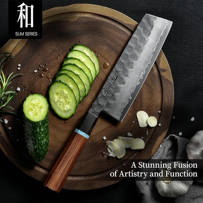 Japanese Nakiri Knife, 7 Inch Handcrafted VG10 High Carbon Stainless Steel Vegetable Chef Knife, Professional Sharp Kitchen Knives with Ergonomic Ruby Wood Handle and Gift Wood Box