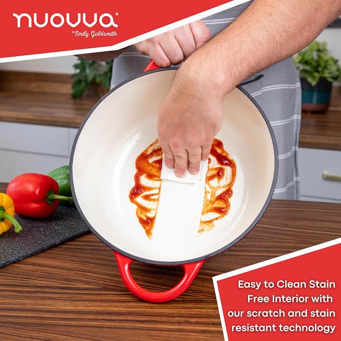 Cast Iron Dutch Oven with Lid - Non-Stick Ovenproof Enamelled Casserole Pot- Sturdy Dutch Oven Cookware - Red, 7.3- Quart, 30cm- by Nuovva