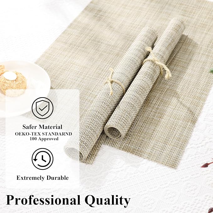SHACOS Placemats Set of 6 Woven Vinyl Place Mats Wipeable Heat Resistant Stain Resistant Table Mats Indoor Outdoor, Beige