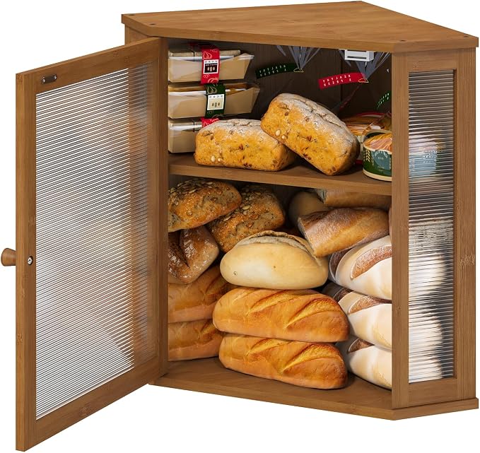 viewcare Corner Bread Box for Kitchen Counter, Bamboo Wood Large Capacity Bread Storage Bin with Acrylic Wavy Door Panel (Brown, Extra Large)