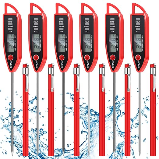 6 Set Digital Food Thermometer Long Probe Instant,Red | Waterproof for Water Liquid Candle, Instant Temperature Read for Kitchen BBQ Grill Candy Meat, Foldable Probe Thermometer