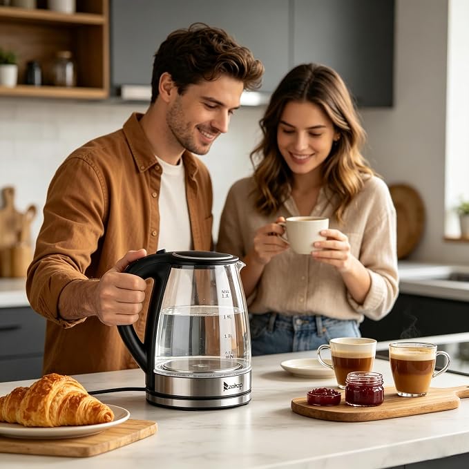 Electric Kettle 1.8l, BPA-Free Borosilicate Glass Stainless Steel Blue LED, 360° Base, Auto Shut-Off and Boil-Dry, Glass Carafe No Plastic Contact With Water, Wide Mouth for Easy Cleaning