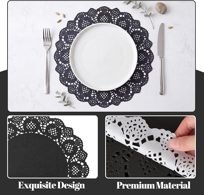 300 Pack 13.5 Inch Round Black Paper Doilies, Disposable Lace Placemat | Rustic Scallop Doily Table Pads, Heavy-Duty Paper Place Mats for Cakes, Crafts, Parties, Weddings, Buffet, Home Decor