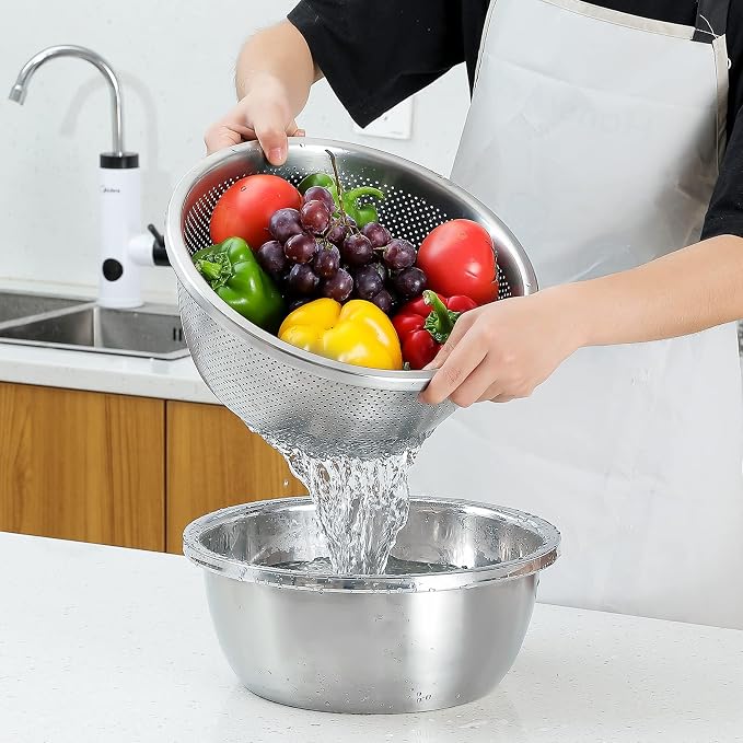 Paoli 304 Stainless Steel Fine Mesh Colander Set, 3.5QT Large Capacity Strainer with Mixing Bowl — Rinse Fruits, Veggies, Rice & Drain Pasta, Dishwasher Safe (2-Piece)
