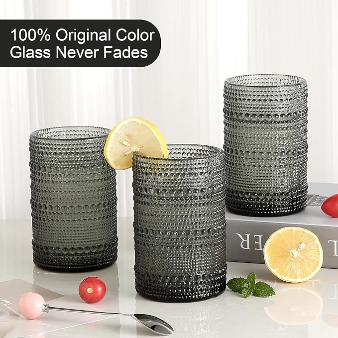 ZMOWIPDL Drinking Glasses Set of 6,15 oz Grey Hobnail Glass Cups | Vintage Glassware，Embossed Water Tumbler,for Beer,Cocktail,Whiskey,Juice and Various Mixed Drinks- 1 Cleaning Brush