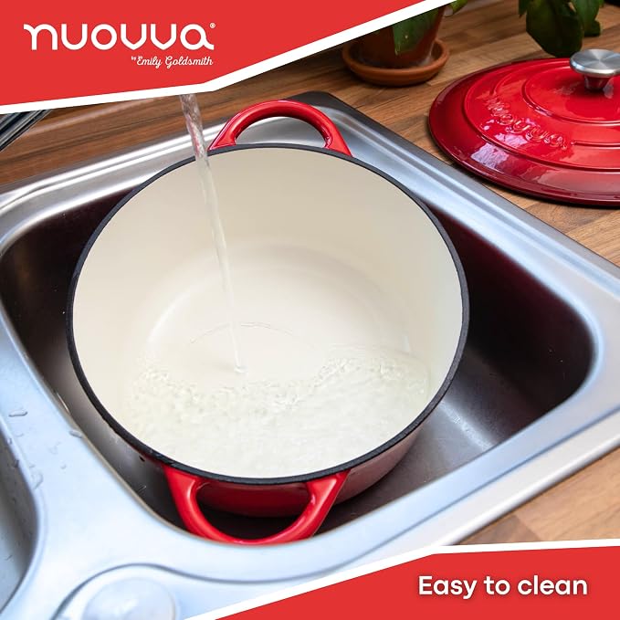 Cast Iron Dutch Oven with Lid - Non-Stick Ovenproof Enamelled Casserole Pot- Sturdy Dutch Oven Cookware - Red, 7.3- Quart, 30cm- by Nuovva