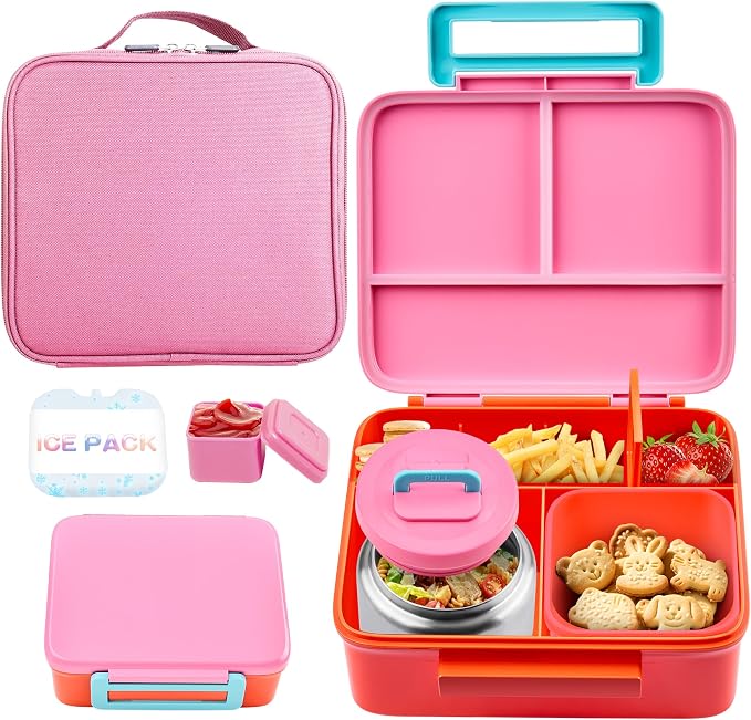 Bento Lunch Box for Kids with Thermo, Leakproof Bento Box with 8oz Insulated Food Jar, Lunch Bag, BPA Free Dishwasher Safe 4 Compartment Container for School Girls Boys (Pink)