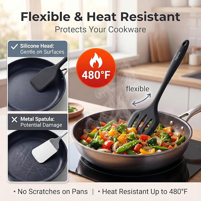 Vayvnt Kitchen Utensils Set, 10PCS Silicone Utensils Set for Cooking, Black | Non Toxic, One-piece Silicone, Non Scratch on Pot and Pans, Heat Resistant to 480℉, Food Grade Spoon Whisk, Dishwasher Safe