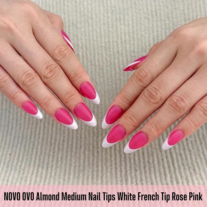NOVO OVO White French Tip Almond Nail Tips Press on ROSE PINK, Extra Thick Medium Soft Gel Fake Nail Acrylic Extension, Need Builder Gel Top Coat, No Glue Included, for Salon DIY x 15 Sizes 240 pcs