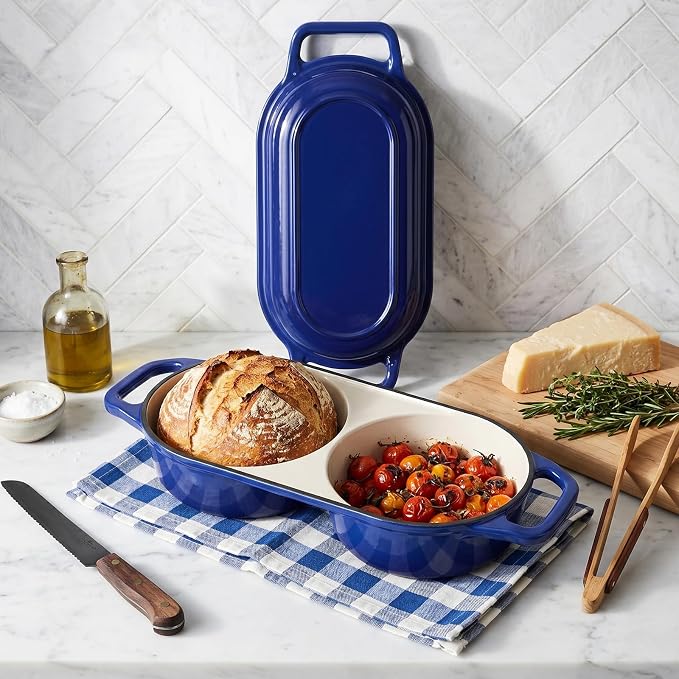 Double Dutch Oven Pot with Lid, 2.2QT Enameled Cast Iron Bread Loaf Pan, Mini Dutch Oven For Sourdough Bread Baking, 500°F Oven Safe Non Stick Dual Round Bread Pan, Bread Oven, 16.5cm Diameter, Blue