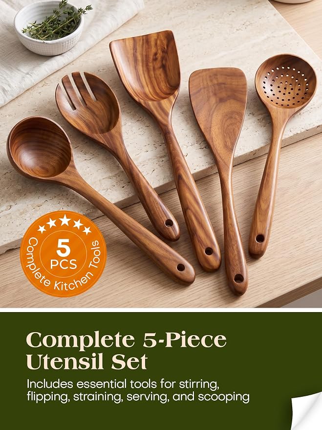 Wood Utensils Set for Cooking, Teak Wooden Utensils Set Wood Spatula for Nonstick Cookware Kitchen Utensils Set 5