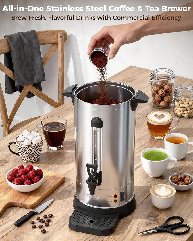OSTBA 30-Cup Commercial Coffee Urn, 5.2L 304 Stainless Steel Percolator | 950W Fast-Brewing Coffee Maker and Hot Water Dispenser with Double-Wall Insulation for Home, Office, Catering and Events